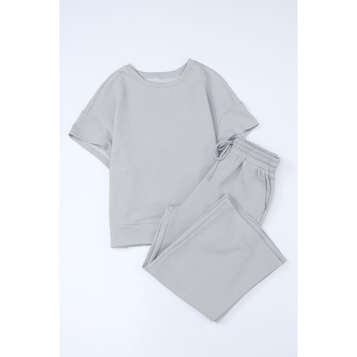Gray Textured Loose Fit T Shirt and Drawstring Pants Set - M - Main Image