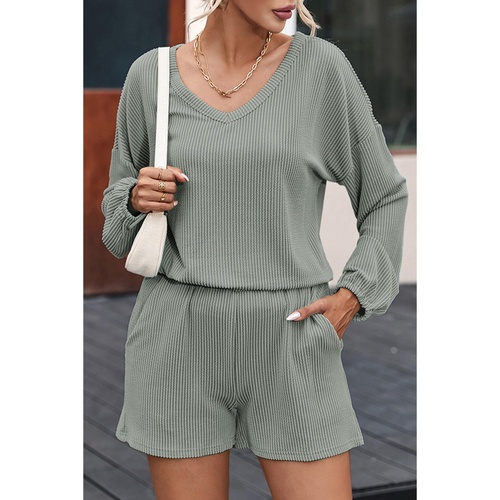 Grass Green Corded V Neck Slouchy Top Pocketed Shorts Set - M - Main Image