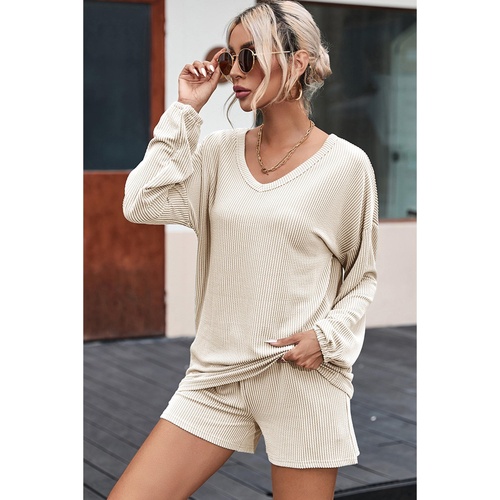 Beige Corded V Neck Slouchy Top Pocketed Shorts Set - L - Main Image