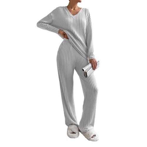 Light Grey Ribbed Knit V Neck Slouchy Two-piece Outfit - S - Main Image