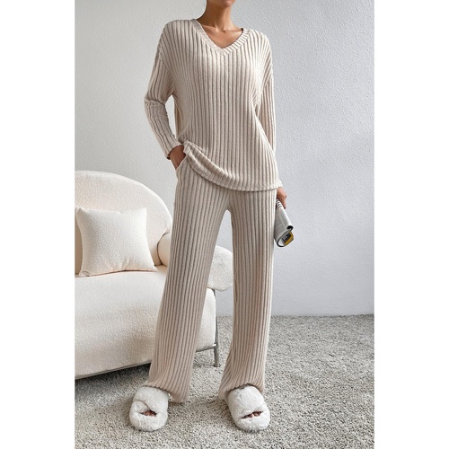 Khaki Ribbed Knit V Neck Slouchy Two-piece Outfit - S - Main Image