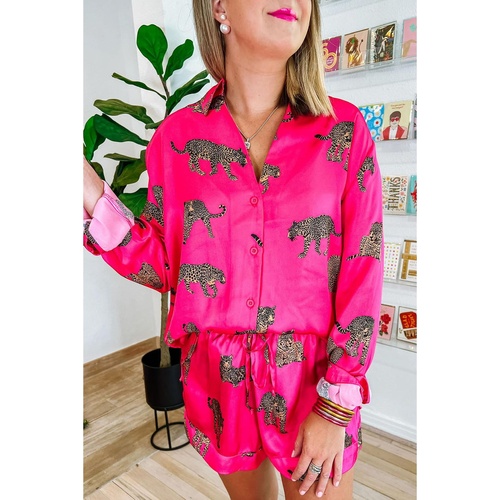 Strawberry Pink Cheetah Print Satin Shirt and Shorts Lounge Set - L - Main Image