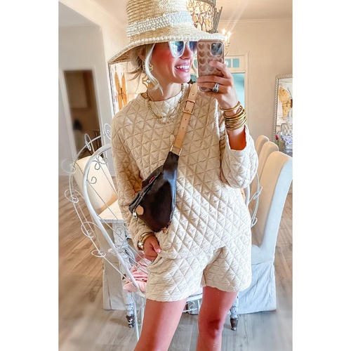 Beige Textured Long Sleeve Top Shorts Outfit - M - Main Image
