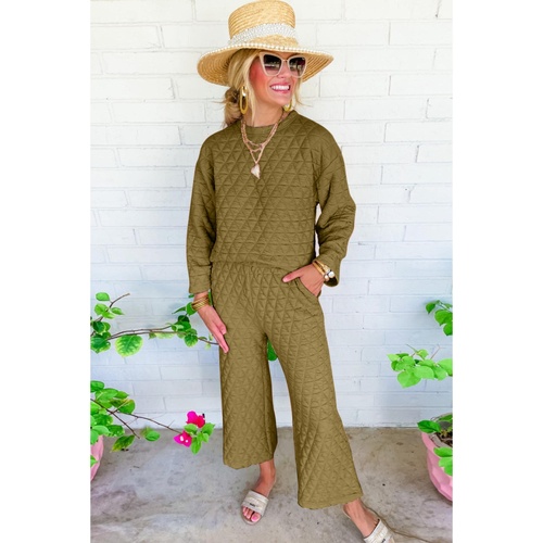Sage Green Solid Quilted Pullover and Pants Outfit - M - Main Image