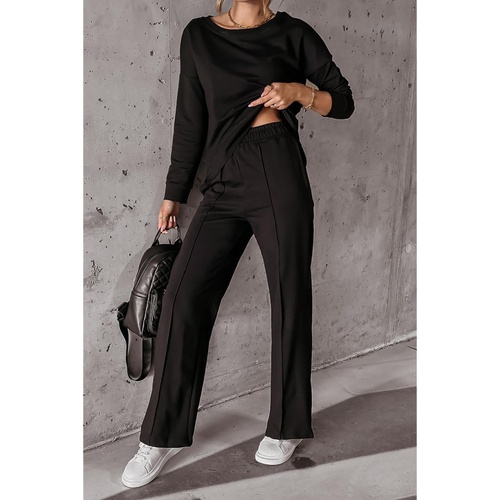 Black Solid Pullover and Seamed Casual Pants Set - M - Main Image