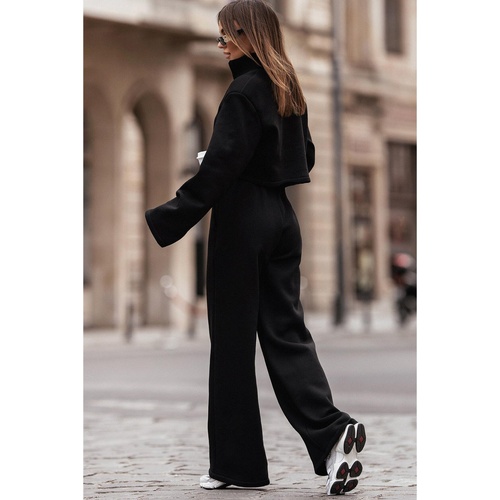 Black Zipped Collared Crop Top and Wide Leg Pants Set - L - Main Image