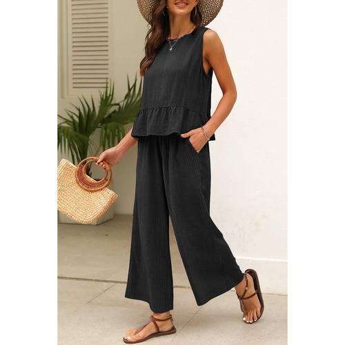 Black Solid Color Ribbed Ruffle Tank Top and Pants Set - S - Main Image