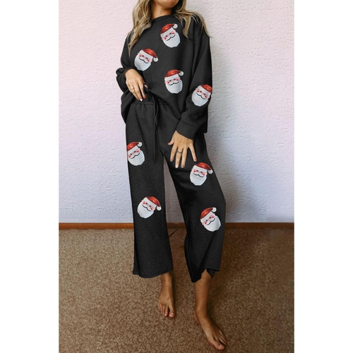 Black Christmas Sequined Santa Clause Print Textured Pants Set - L - Main Image