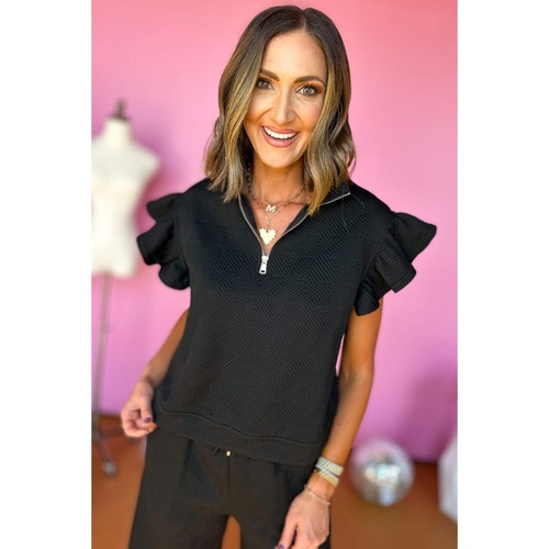 Black Textured Flutter Sleeve Top Wide Leg Pants Set - M - Main Image