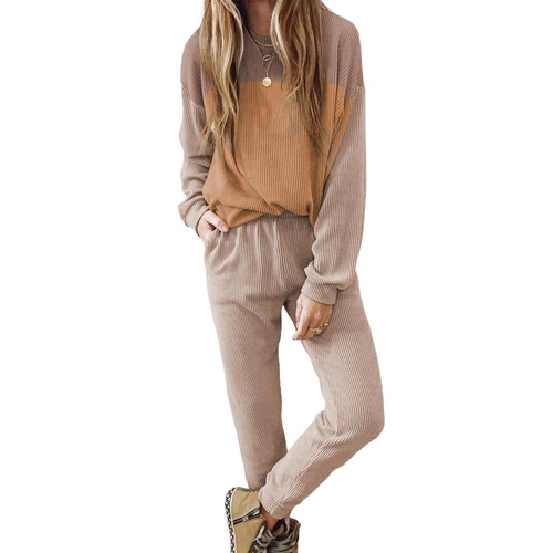 Brown Corded 2pcs Colorblock Pullover and Pants Outfit - M - Main Image