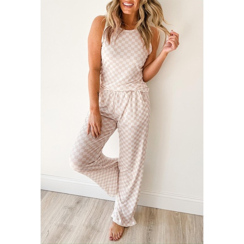 White Ribbed Texture Checkered Print 2pcs Tank and Pants Set - S - Main Image