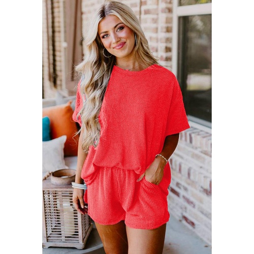 Orange Ribbed Textured Knit Loose Fit Tee and Shorts Set - M - Main Image