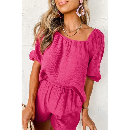 Bright Pink Crinkled Textured Square Neck Puff Sleeve and Shorts Set - M - Main Image