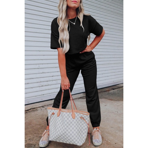 Black Lattice Textured Cropped Tee and Jogger Pants Set - XL - Main Image