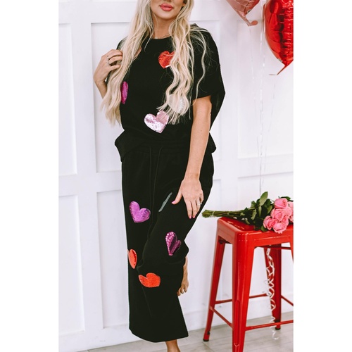 Black Sequin Heart Popping Graphic Textured 2pcs Outfit - XL - Main Image