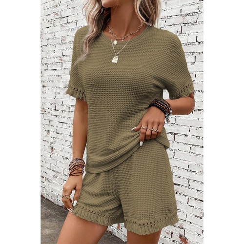 Laurel Green Fringe Trim Textured Short Two Piece Set - M - Main Image