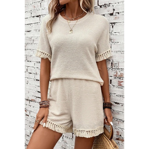 Beige Fringe Trim Textured Short Two Piece Set - XL - Main Image