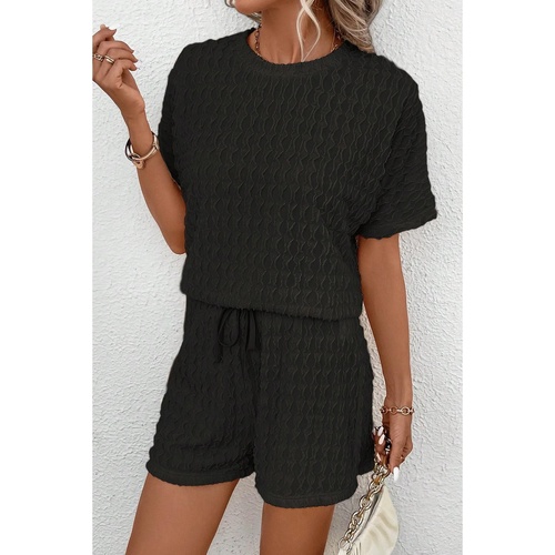 Black Frill Textured Short Sleeve Top and Drawstring Shorts Set - L - Main Image