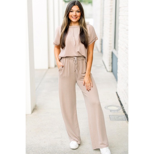 Parchment Exposed Seam Ribbed Tee and Pants Two-piece Outfit - M - Main Image