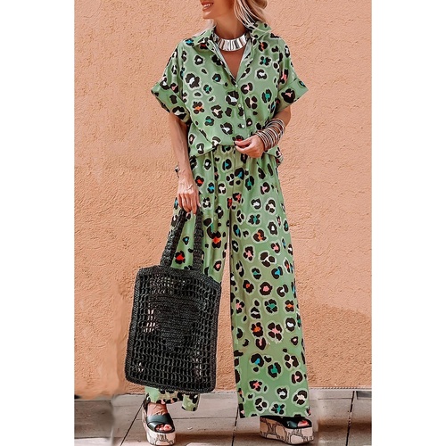 Green Leopard Print Short Sleeve Shirt and Wide Leg Pants Set - M - Main Image