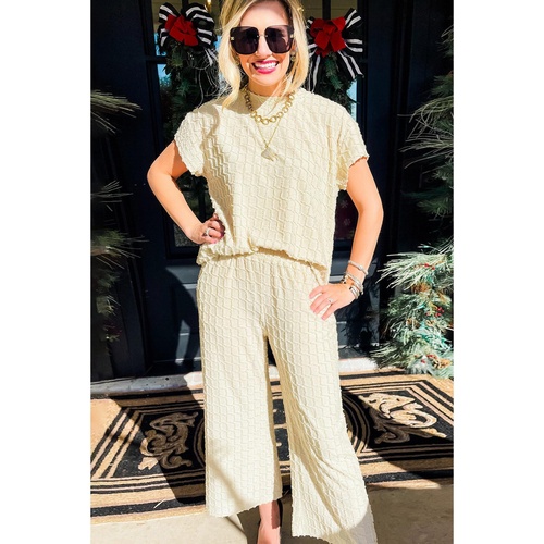 Apricot Metallic Lattice Textured Casual Two Piece Set - XL - Main Image