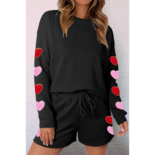 Black Heart Patch Long Sleeve Top and Shorts Textured 2pcs Set - L - Main Image