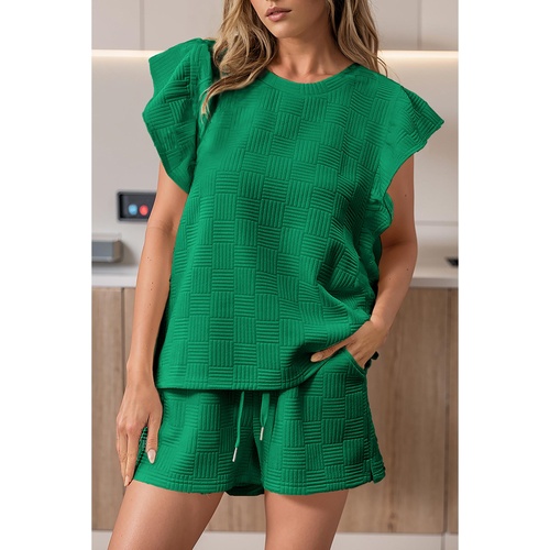 Bright Green Textured Ruffled Sleeve Tee and Drawstring Shorts Set - XL - Main Image