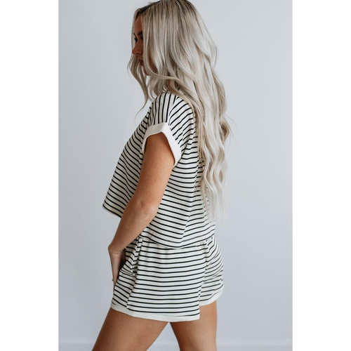 White Stripe Contrast Edge Tee and Shorts Set - L - Main Image