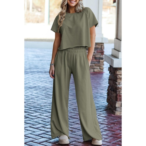 Seagrass Raw Hem Loose Tee and Wide Leg Pants Set - L - Main Image
