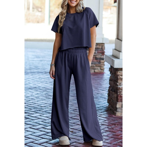 Navy Blue Raw Hem Loose Tee and Wide Leg Pants Set - L - Main Image