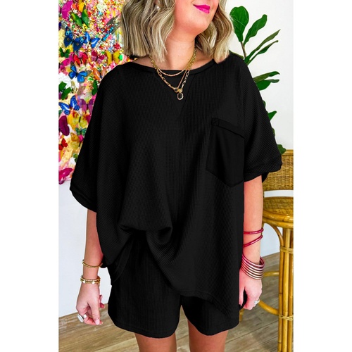 Black Waffle Knit Oversize Tee and Shorts Set - S - Main Image