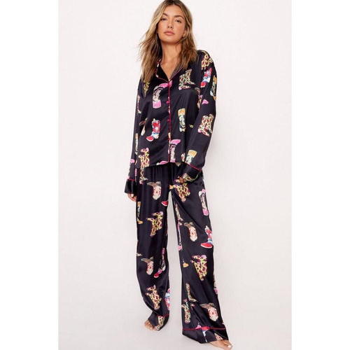 Black Western Cowgirl Boots Printed Satin Long Pajama Set - XL - Main Image