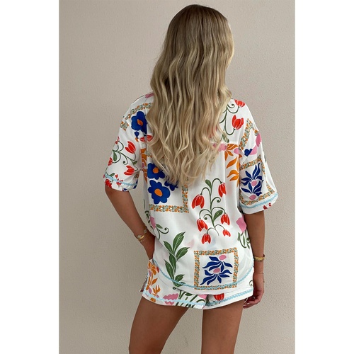 Pink Ricrac Trim Floral Short Sleeve Shirt and Shorts Outfit - XL - Main Image