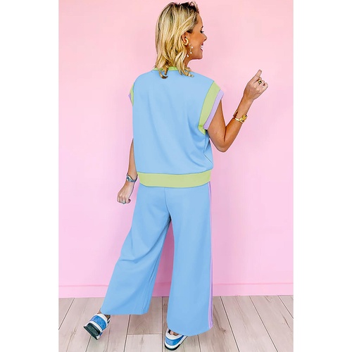 Sky Blue Color Block Detail Casual Two-piece Outfit - S - Main Image