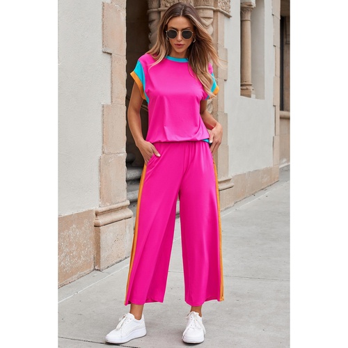 Strawberry Pink Color Block Detail Casual Two-piece Set - S - Main Image