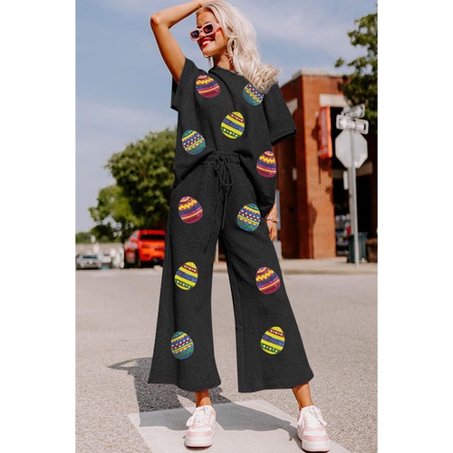 Black Easter Egg Print Textured Short Sleeve Wide Leg Pants Set - L - Main Image