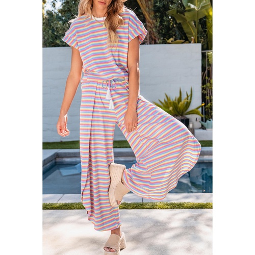 Pink Stripe Rainbow Tee Tasseled String Wide Leg Pants Set - S - Main Image