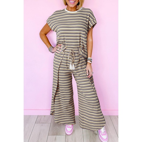 Black Stripe Rainbow Tee Tasseled String Wide Leg Pants Set - L - Main Image