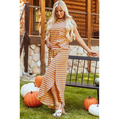 Yellow Stripe Rainbow Tee Tasseled String Wide Leg Pants Set - S - Main Image