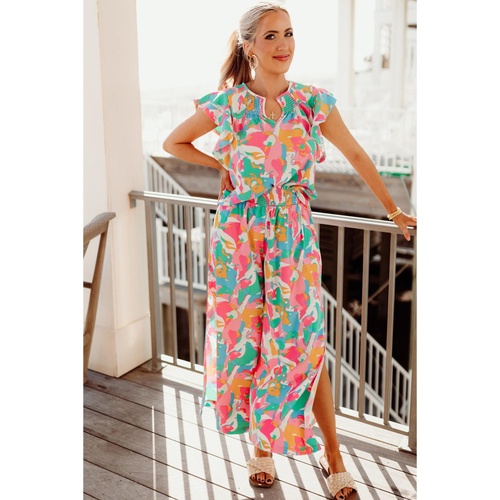 Floral Ruffled Sleeve Top Smocked Wide Leg Pants Set - M - Main Image