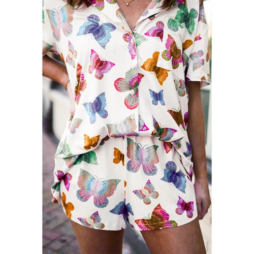 Multicolour Butterfly Pattern Short Sleeve Shirt Pajamas Set - S - Main Image