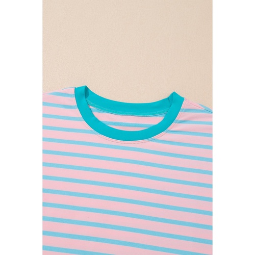 Pink Stripe Color Block Loose Fit Two Piece Shorts Set - XL - Main Image