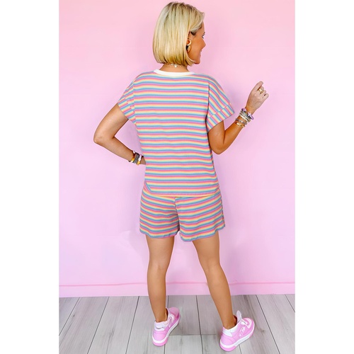 Pink Stripe Crew Neck Tee and Tasseled Drawstring Shorts Set - S - Main Image