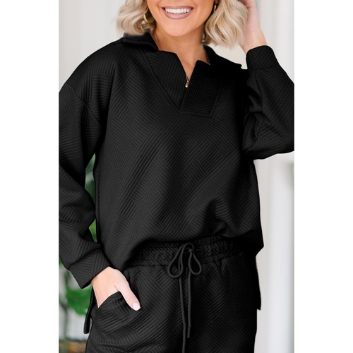 Black Solid Textured Collared V Neck Top and Wide Leg Pants Set - L - Main Image