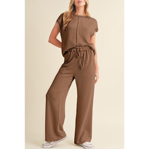 Coffee Solid Color Corded Short Sleeve Top and Casual Pants Set - M - Main Image