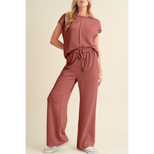 Mineral Red Solid Color Corded Short Sleeve Top and Casual Pants Set - S - Main Image