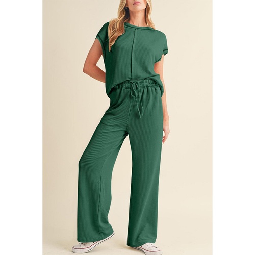 Blackish Green Solid Color Corded Short Sleeve Top and Casual Pants Set - M - Main Image