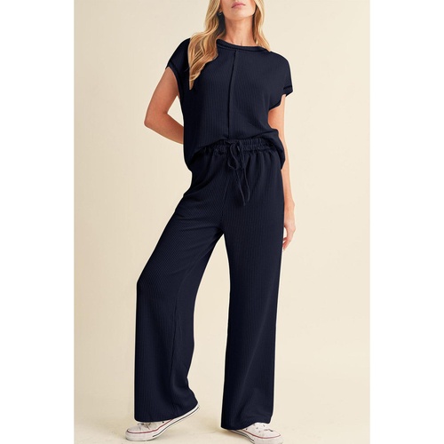 Navy Blue Solid Color Corded Short Sleeve Top and Casual Pants Set - 2XL - Main Image