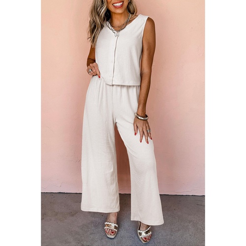 Apricot Buttoned V Neck Tank Top and Wide Leg Pants Casual Outfit - L - Main Image