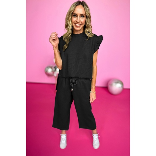 Black Ruffled Sleeve Summer Top and Cropped Loose Pants Set - S - Main Image